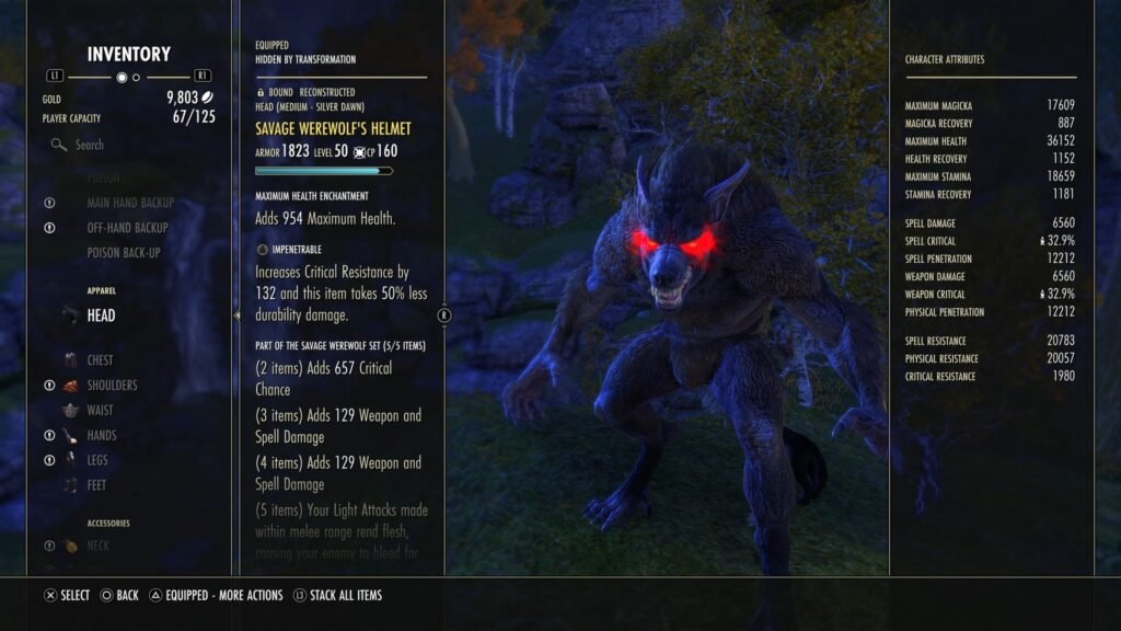 Screenshot of the Inventory menu in The Elder Scrolls Online, focusing on the Savage Werewolf's Helmet.