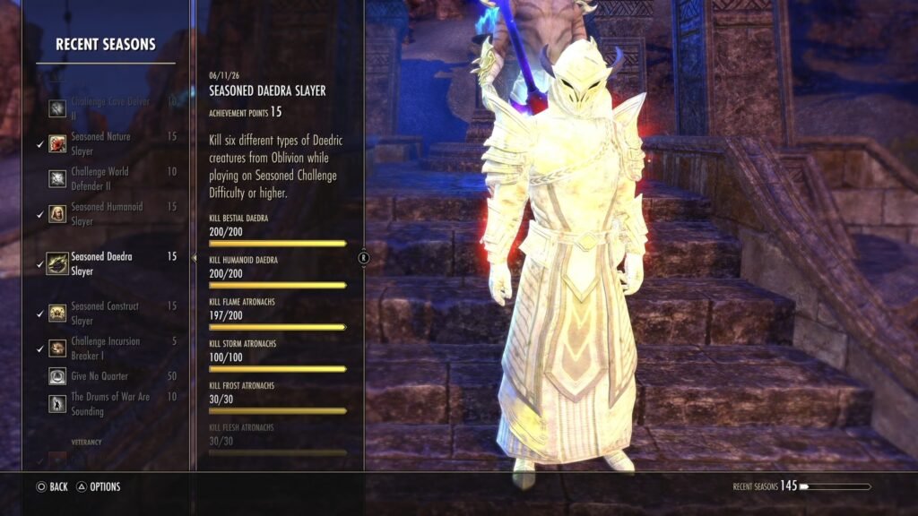 Screenshot of the Seasoned Daedra Slayer Achievement in The Elder Scrolls Online.