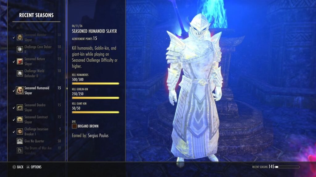Screenshot of the Seasoned Humanoid Slayer Achievement in The Elder Scrolls Online.