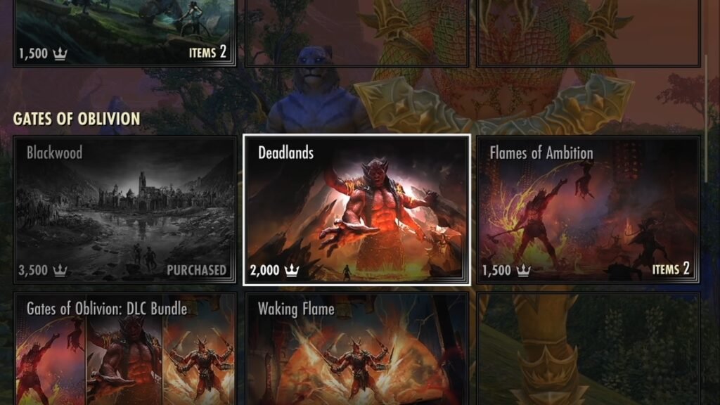 Screenshot of the Gates of Oblivion Chapter in the Elder Scrolls Online Crown Store, highlighting the Deadlands DLC.
