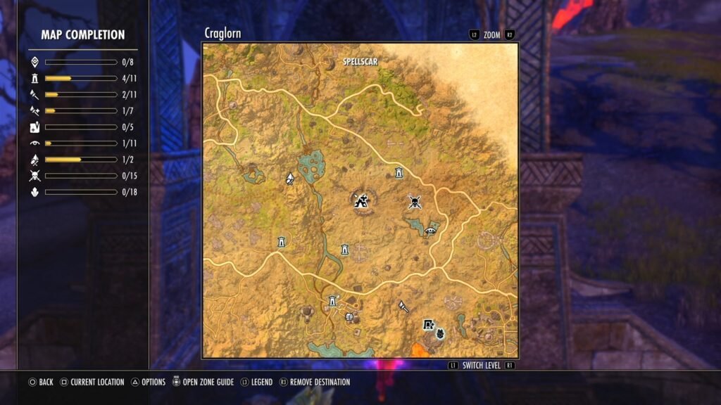 Screenshot showing the location of Spellscar in Craglorn in The Elder Scrolls Online.