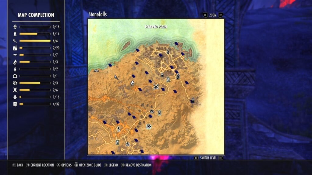Screenshot showing the location of the Starved Plain in Stonefalls in The Elder Scrolls Online.