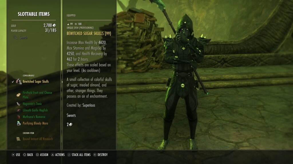 Screenshot of the Bewitched Sugar Skulls food consumable in The Elder Scrolls Online, with an Arcanist character in the background.