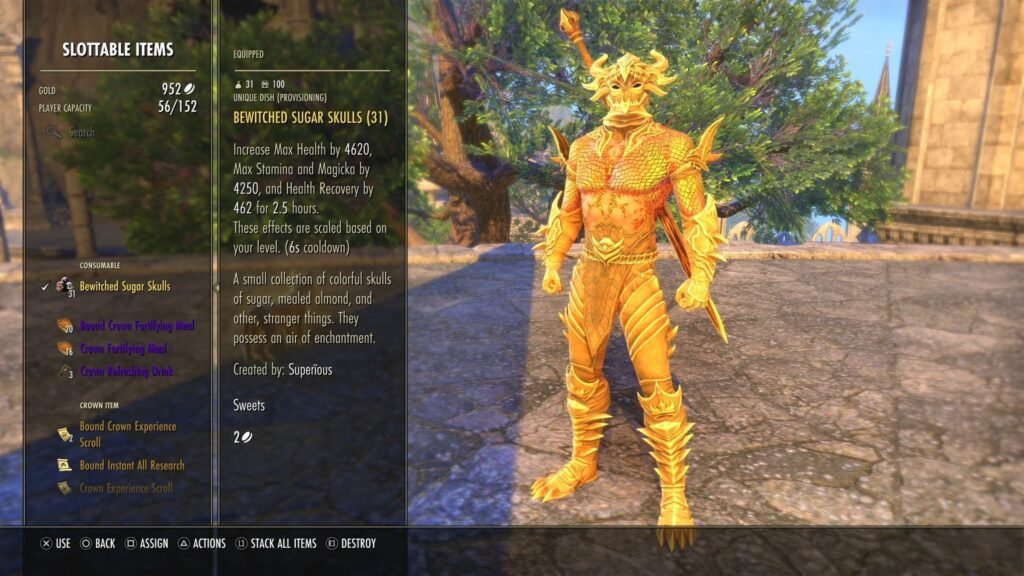 Image of a High Elf character in The Elder Scrolls Online, highlighting the Bewitched Sugar Skulls consumable item.