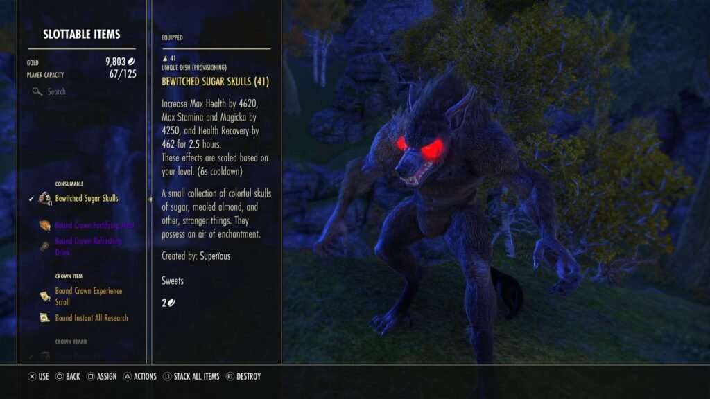 Screenshot of the Slottable Items menu in The Elder Scrolls Online, focusing on the Bewitched Sugar Skulls item.