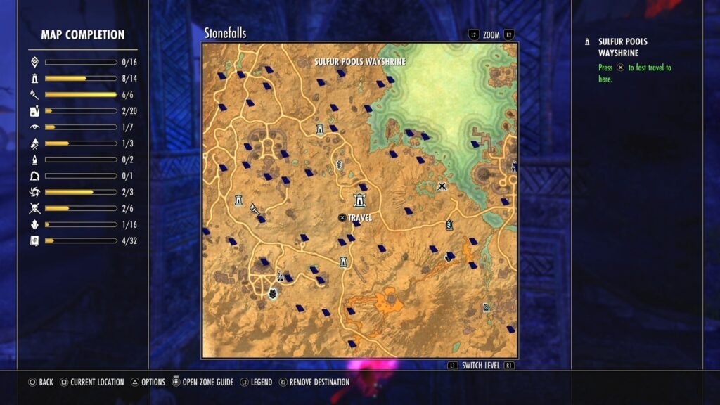 Screenshot showing the location of the Sulfur Pools Wayshrine in Stonefalls in The Elder Scrolls Online.