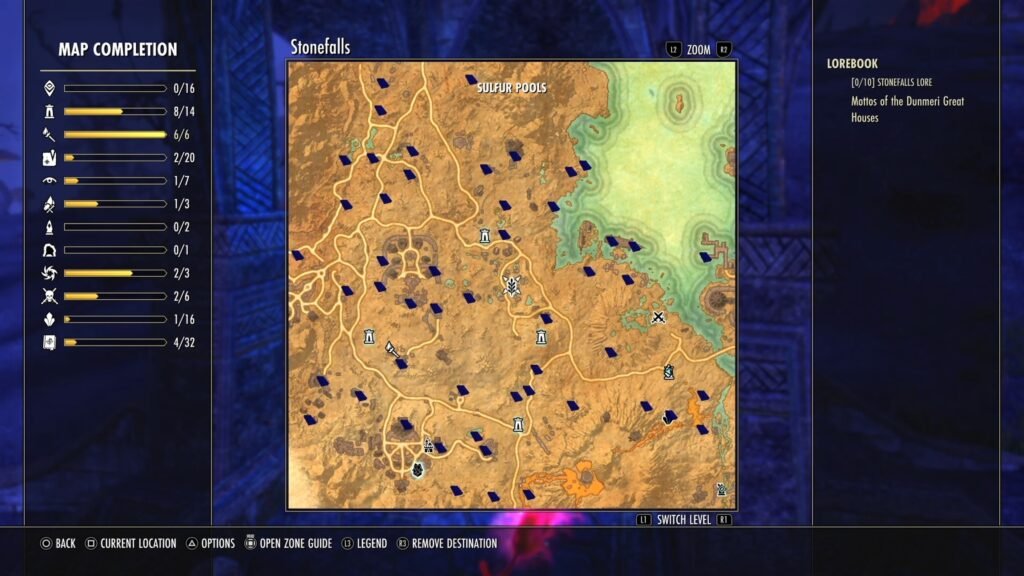 Screenshot showing the location of the Sulfur Pools in Stonefalls in The Elder Scrolls Online.