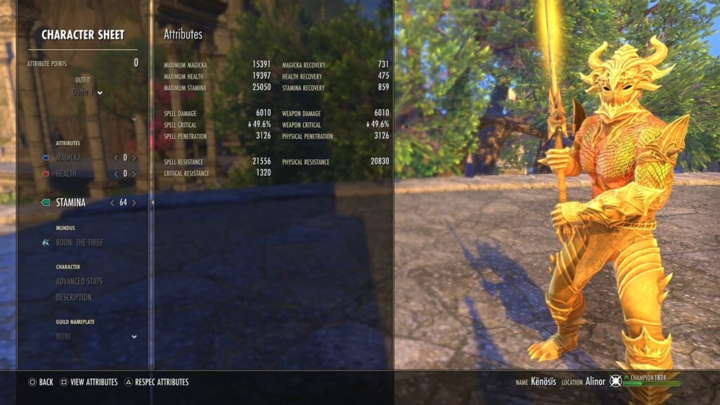 Screenshot of the Character Sheet of a golden-colored player character in The Elder Scrolls Online, focusing on the Attributes window.