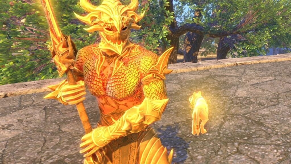 Close-up screenshot of a golden-colored character in The Elder Scrolls Online, highlighting the character's draconic aesthetic style.