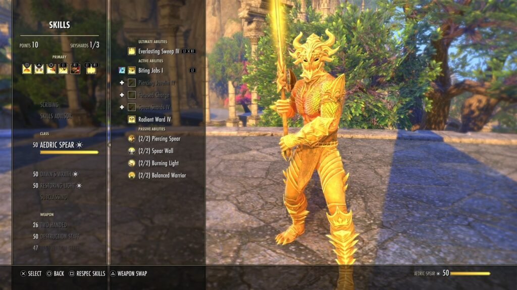 Image of a High Elf character in The Elder Scrolls Online, highlighting the Aedric Spear Templar Skill Line.