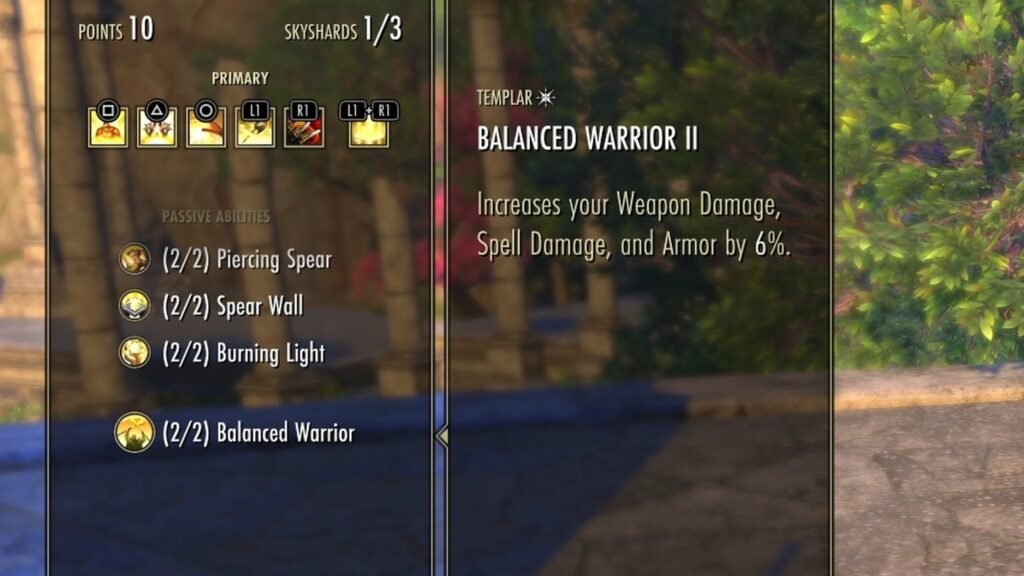 Close-up screenshot of the Balanced Warrior Templar Passive Skill in The Elder Scrolls Online.