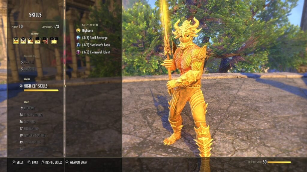 Image of a High Elf character in The Elder Scrolls Online, highlighting the High Elf Skills section of the Skills Menu.