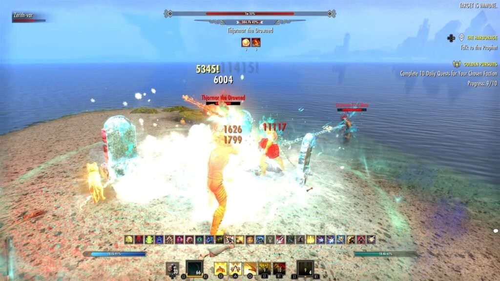 Screenshot of a character in combat with a World Boss in The Elder Scrolls Online, Thjomar the Drowned.