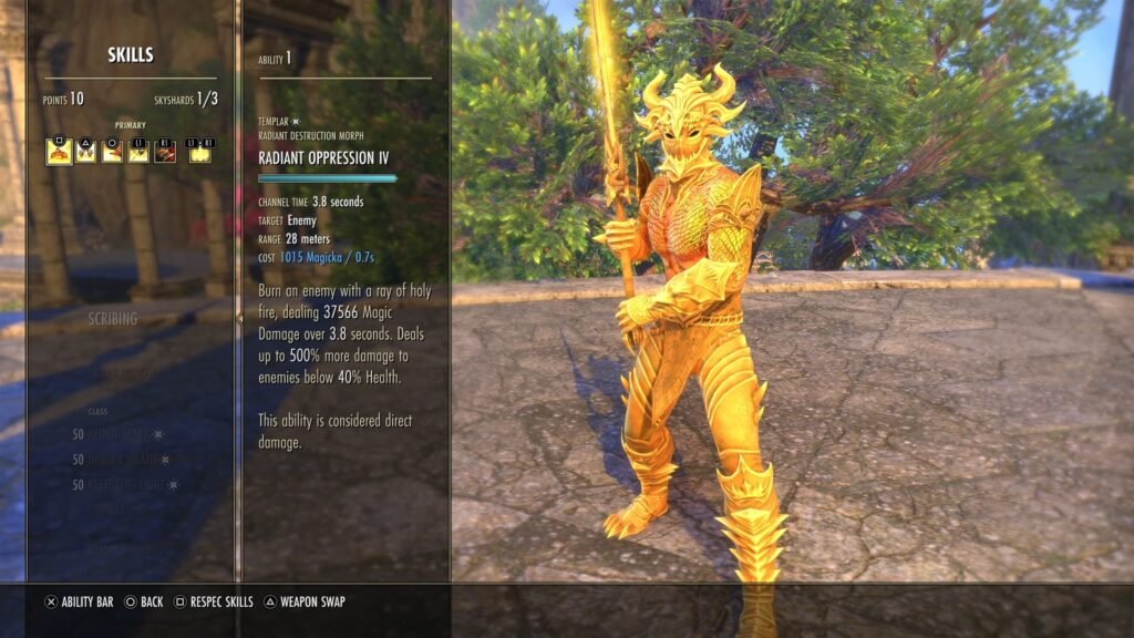 Image of a High Elf character in The Elder Scrolls Online, highlighting the Radiant Oppression skill tooltip.