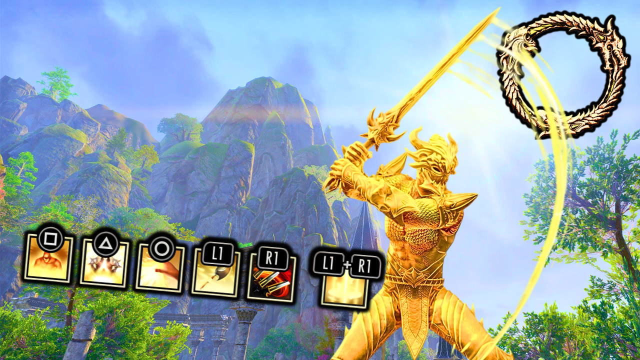 Image of a golden-armored Templar character in The Elder Scrolls Online swinging his sword, with a screenshot of the character's skill bar.