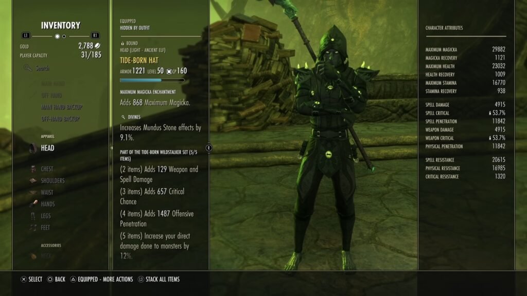 Screenshot of an Arcanist's Inventory screen in The Elder Scrolls Online, highlighting the Tide-Born Hat item.