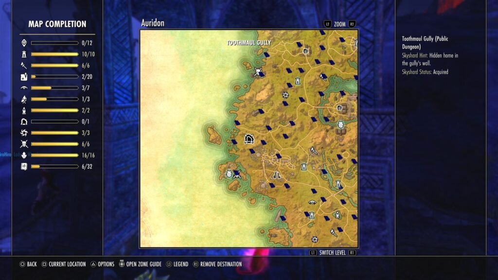 Screenshot showing the location of Toothmaul Gully Public Dungeon in Auridon in The Elder Scrolls Online.