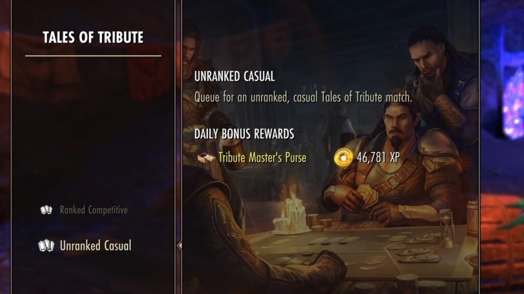 Screenshot of the Tales of Tribute screen in the Activity Finder in The Elder Scrolls Online.