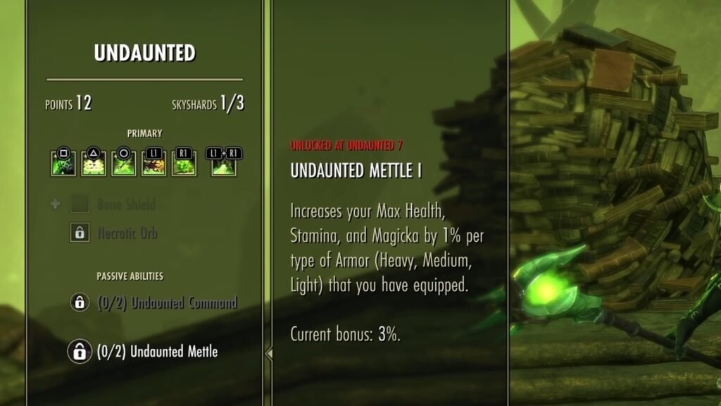 Screenshot of the tooltip of the Undaunted Mettle Passive Skill in The Elder Scrolls Online.