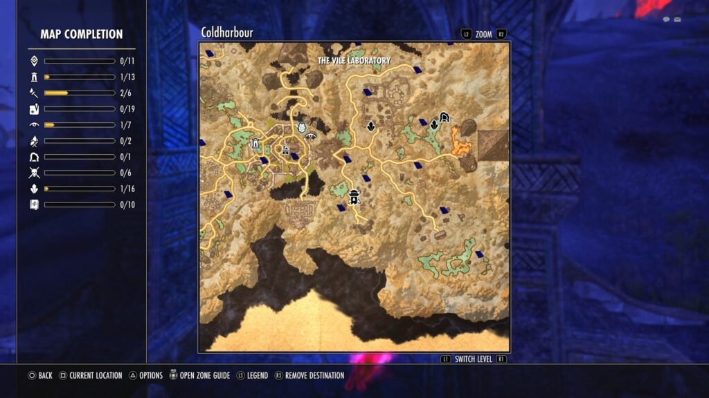 Screenshot showing the location of The Vile Laboratory in Coldharbour in The Elder Scrolls Online.