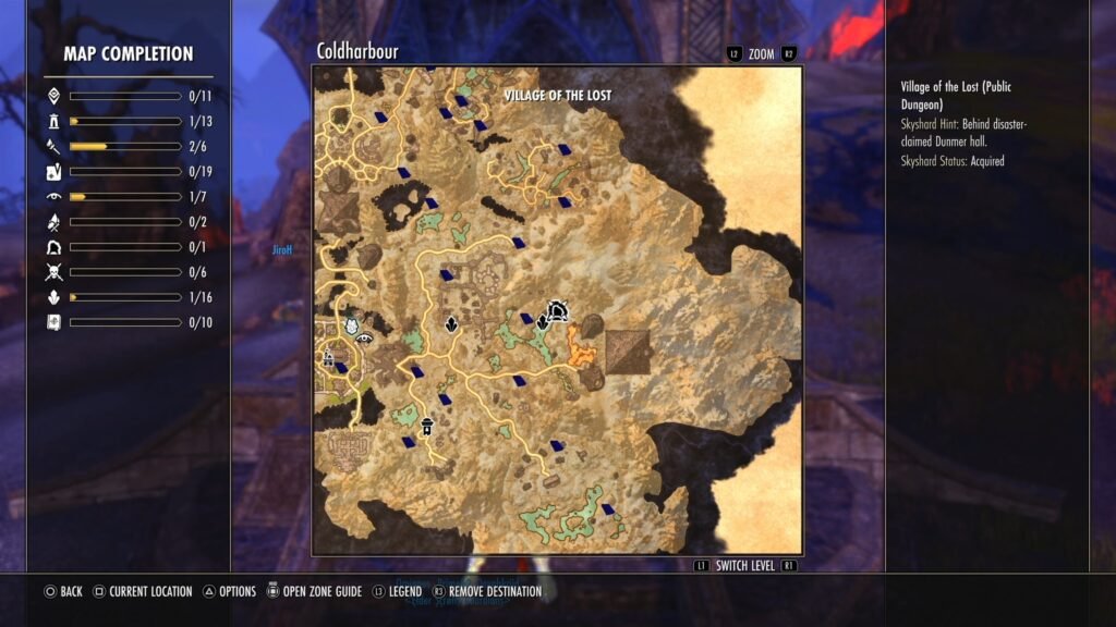 Screenshot showing the location of Village of the Lost in Coldharbour in The Elder Scrolls Online.