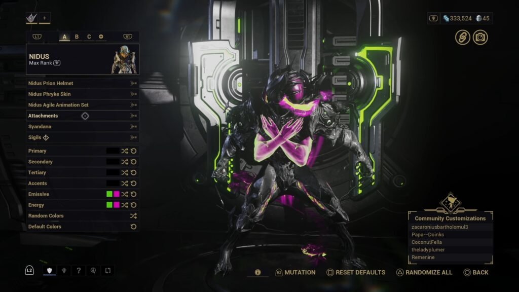 Screenshot of the Warframe Appearance screen, highlighting the aesthetic options currently chosen for Nidus.