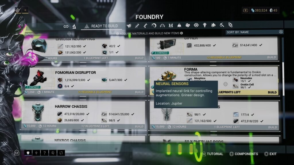 Screenshot of The Foundry in Warframe, highlighting the Neural Sensors ingredient requirement for crafting Forma.