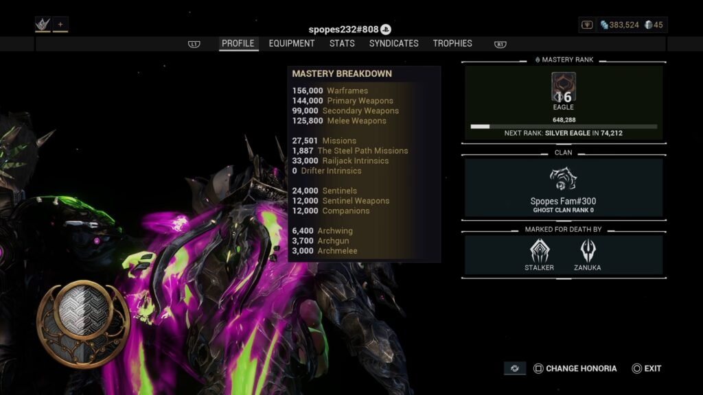 Screenshot of the player profile screen in Warframe, highlighting the player's Mastery Rank (MR).