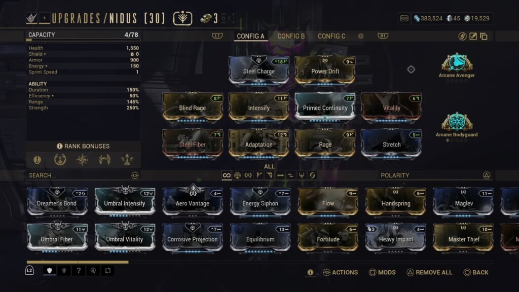 Screenshot of the Upgrades screen for Nidus in Warframe, highlighting the currently slotted Mods.