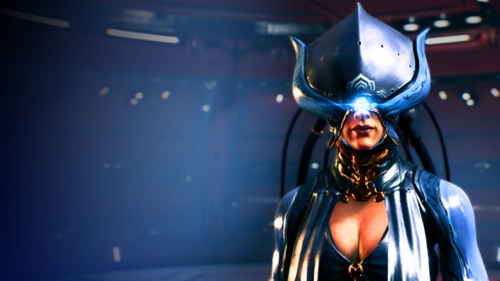 Image of The Lotus from Warframe standing in front of a sci-fi noir background.