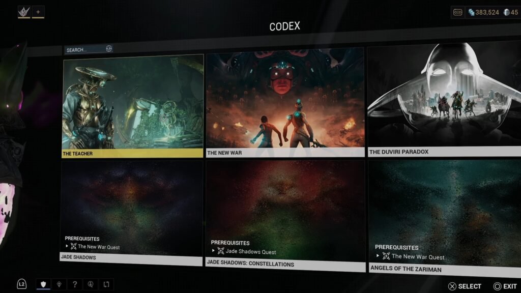 Screenshot of the "The Teacher" quest in the Warframe Codex.