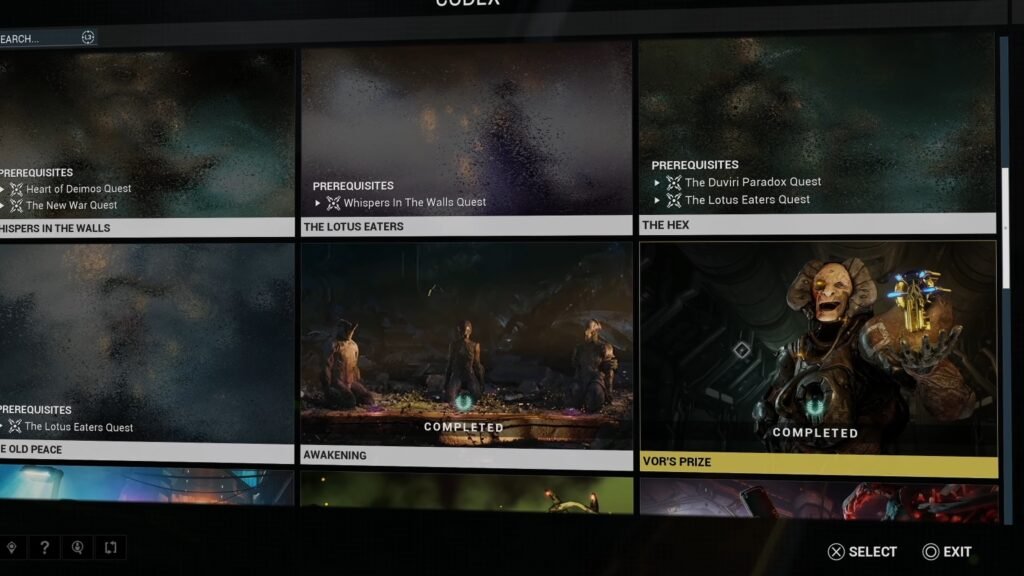 Screenshot of the "Vor's Prize" quest in the Warframe Codex.
