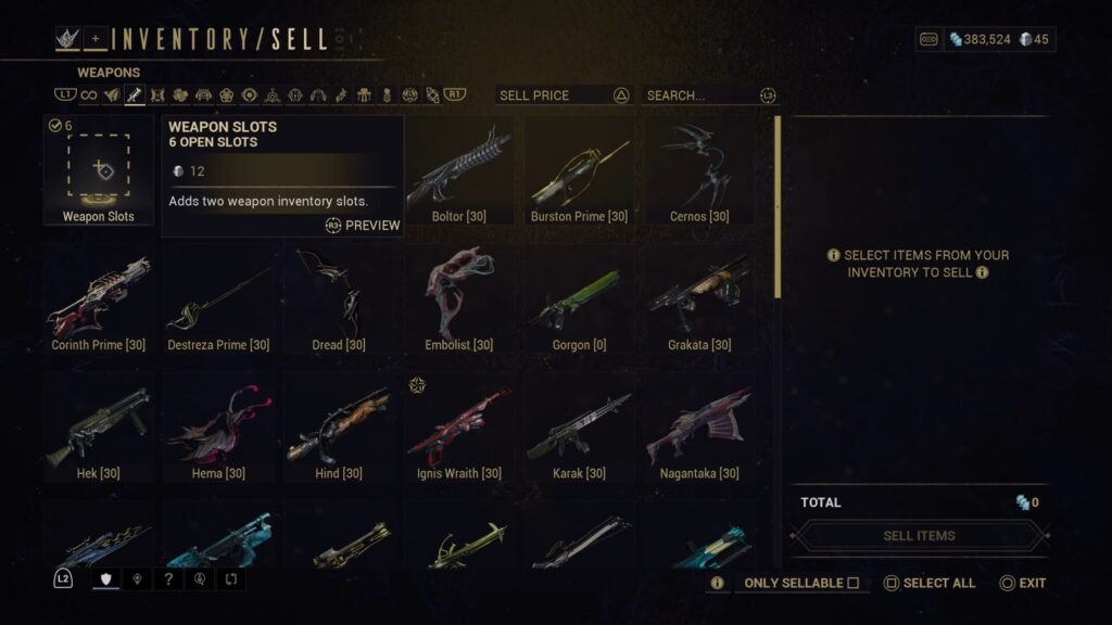 Screenshot of the Weapon Inventory screen in Warframe, highlighting the Weapon Slot purchase option.