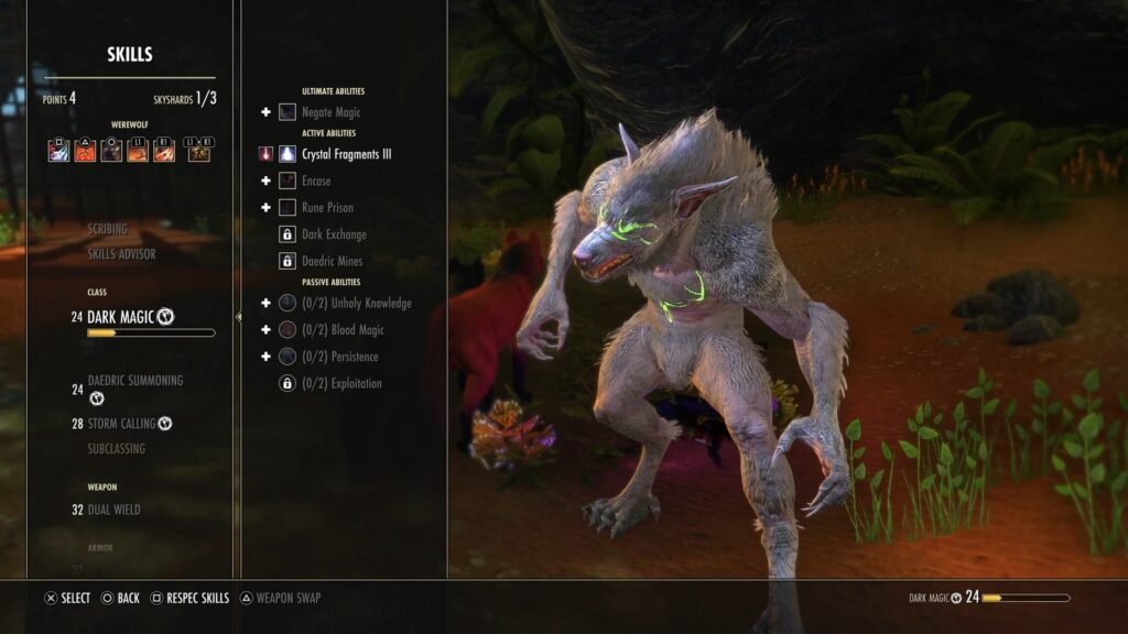 Screenshot showing a player Werewolf's underlying Class Skills in The Elder Scrolls Online.