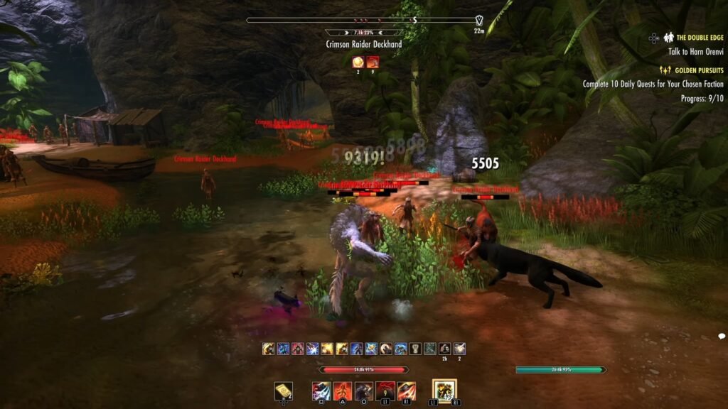 Screenshot showing a Werewolf slaying trash mobs in Crimson Cove, Malabal Tor in The Elder Scrolls Online.