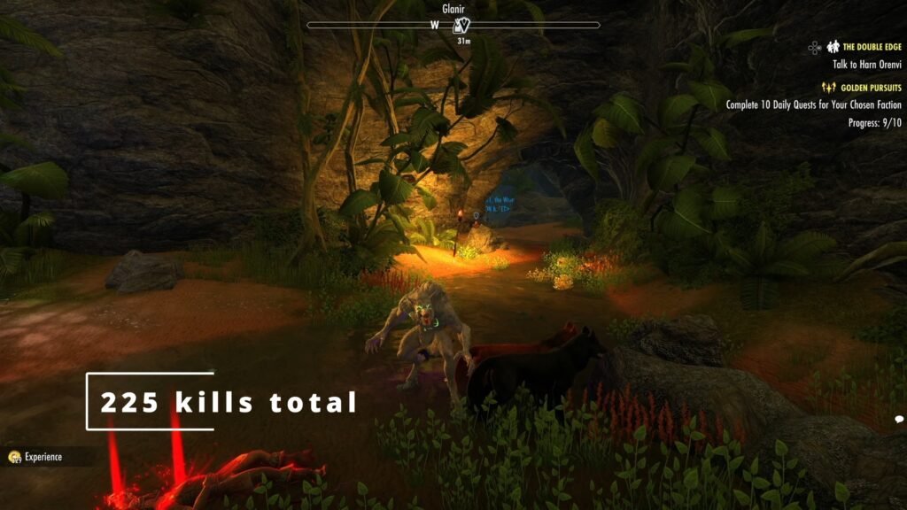 Screenshot of a Werewolf in Crimson Cove Public Dungeon in The Elder Scrolls Online, highlighting the number of kills required to reach Level 10 in the Werewolf Skill Line.
