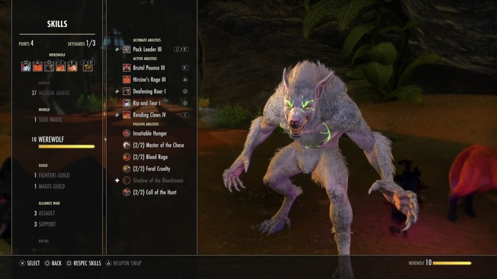 Screenshot of the Werewolf Skill Line in the ESO Skills menu.