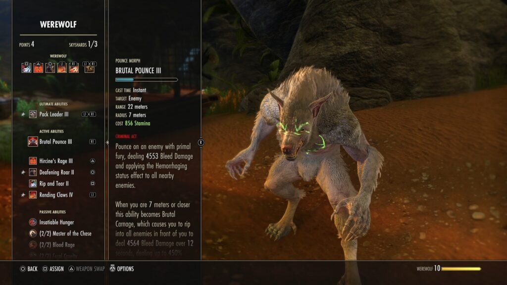 Screenshot of the Werewolf Skill menu in The Elder Scrolls Online, highlighting the Brutal Pounce skill.