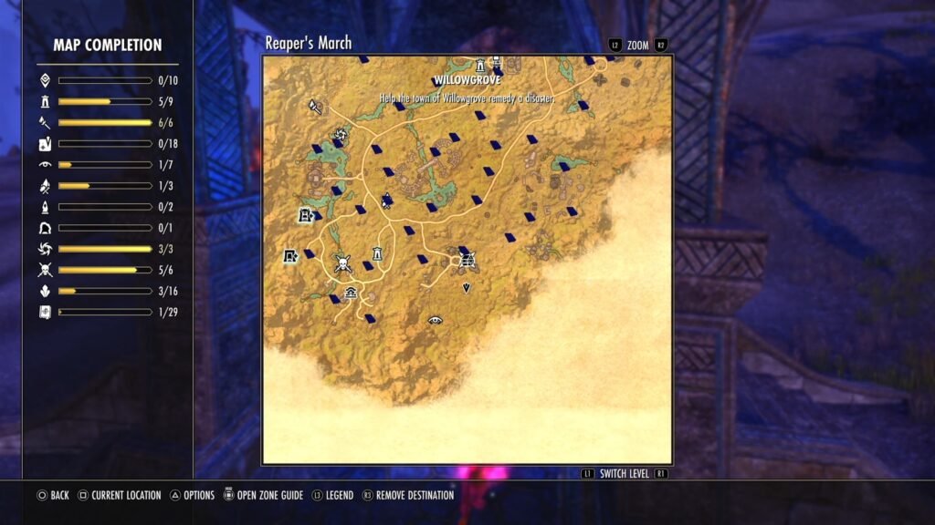 Screenshot showing the location of Willowgrove in Reaper's March in The Elder Scrolls Online.
