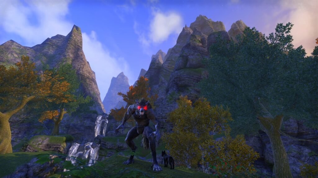 Image of a player Werewolf in The Elder Scrolls Online posing in front of a waterfall in Glenumbra.