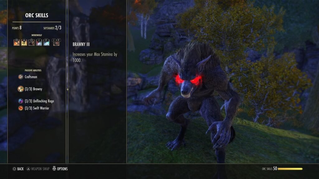 Screenshot of the Racial Passives screen in The Elder Scrolls Online with a player Werewolf in the background.