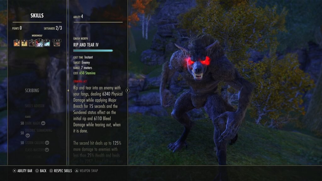 Screenshot of the Werewolf Skills screen in The Elder Scrolls Online with a player Werewolf in the background.