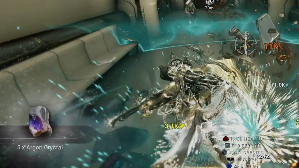 Screenshot highlighting a 5x counter for Argon Crystals that just dropped on an Orokin Map in Warframe. Nekros Prime is slicing through enemies in the corner of the image.