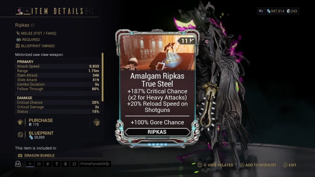 Screenshot highlighting the Amalgam Ripkas True Steel mod in Warframe, with the details of the Ripkas melee weapon in the background.
