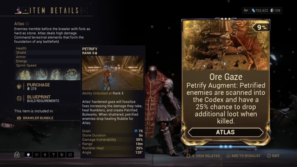 Image highlighting the Warframe Atlas' Petrify ability, with his augment mod Ore Gaze in the foreground.