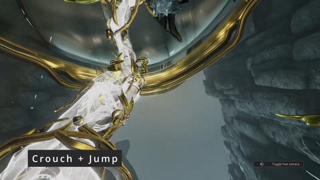Screenshot showing a player about to bullet jump in Warframe. The setting is Lua and the Warframe is Xaku Prime.