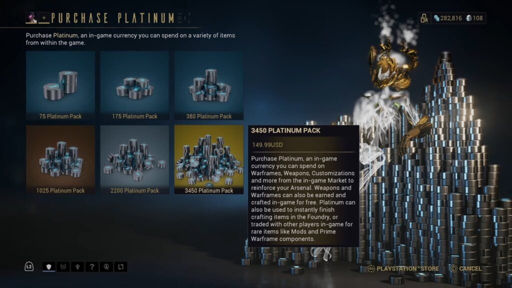 Screenshot of the Platinum purchase screen in the in-game Warframe Market, highlighting the 3450 Platinum Pack.