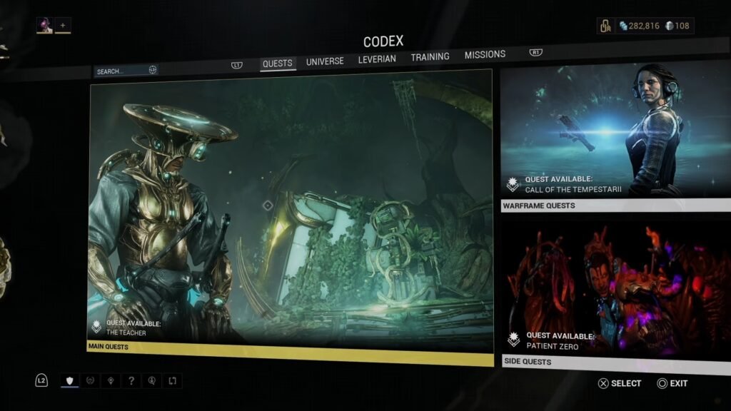 Screenshot showing the Codex in Warframe, highlighting the Main Quests section.