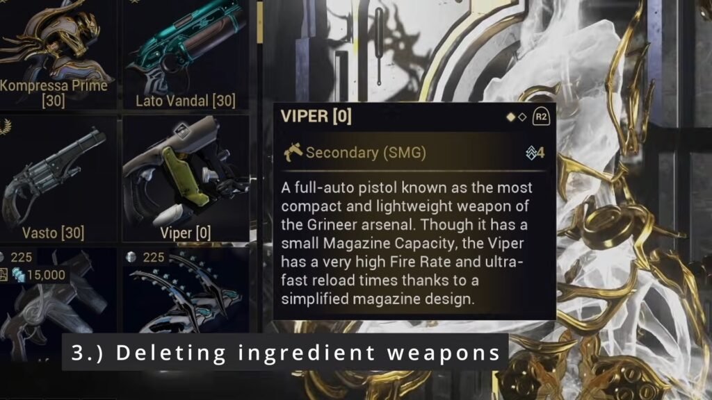 Closeup screenshot of the Secondary Weapon Arsenal in Warframe. Superimposed text reads: "3. Deleting ingredient weapons".