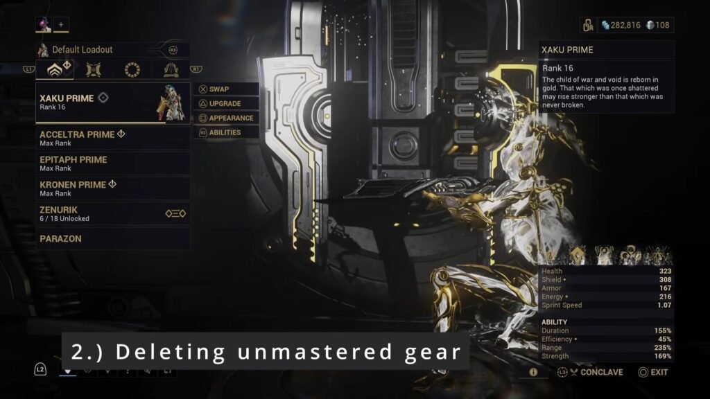 Screenshot of the Arsenal in Warframe. Superimposed text reads: "2. Deleting unmastered gear".